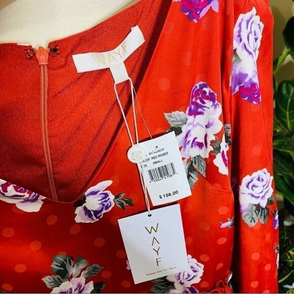 WAYF Floral Puff Sleeve Ruffle Layer Red & Violet Polka Dot Dress NWT Small - Picture 8 of 10
